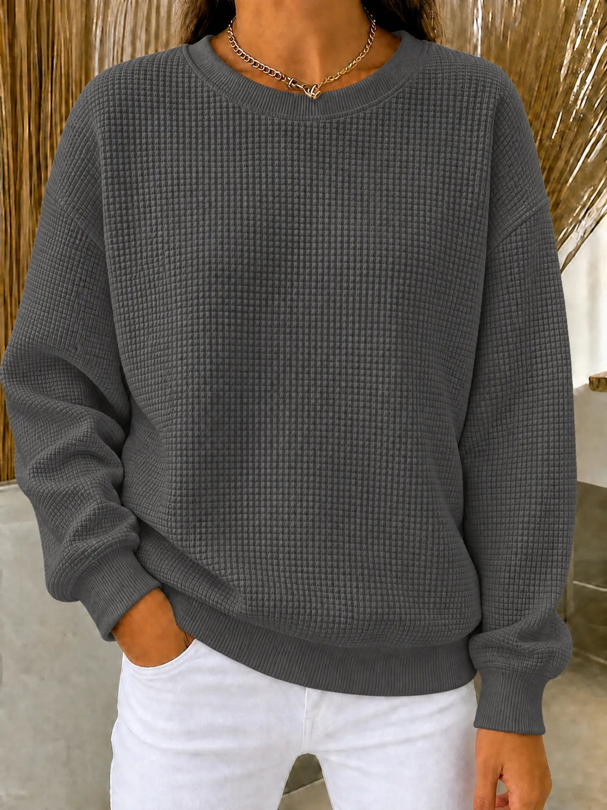 CLEARANCE SALE🔥Women's Waffle Knit Crewneck Sweatshirt(dan)