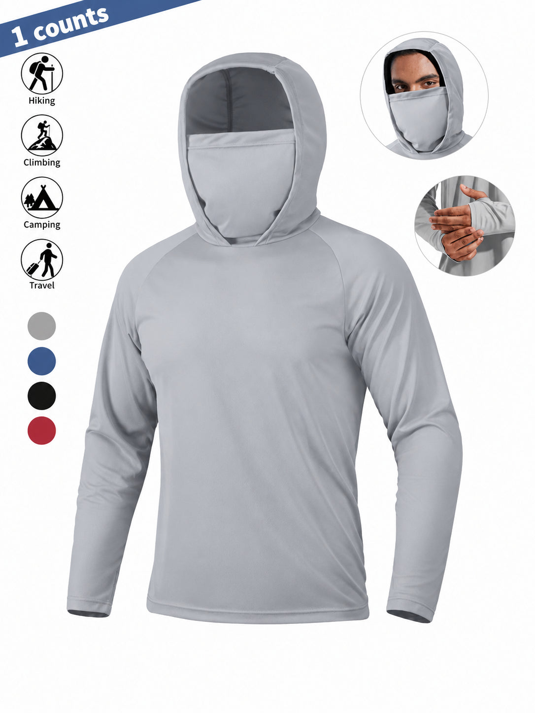 UPF 50+ Long-Sleeve Sun-Protection Hoodie (with Sleeve Pocket and Face Mask)