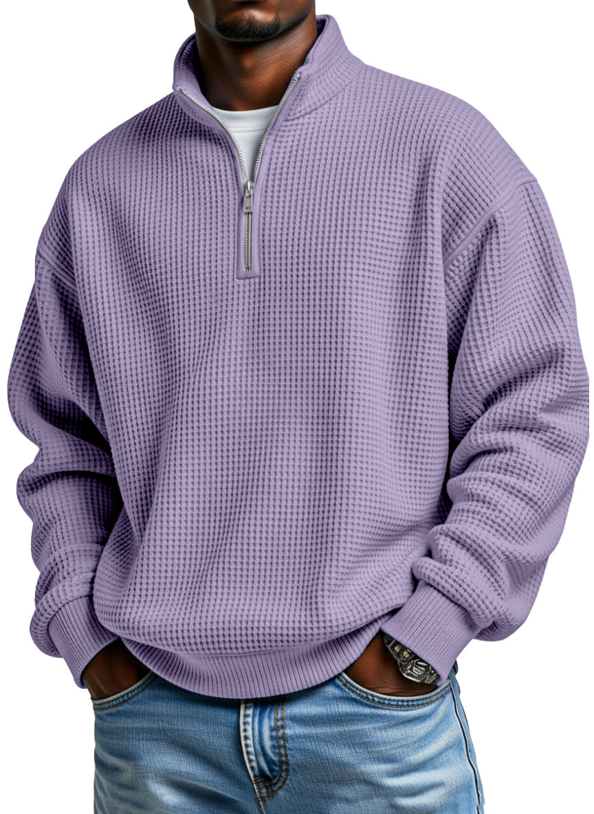Men's casual loose-fitting simple zip-up stand collar long-sleeved polo shirt