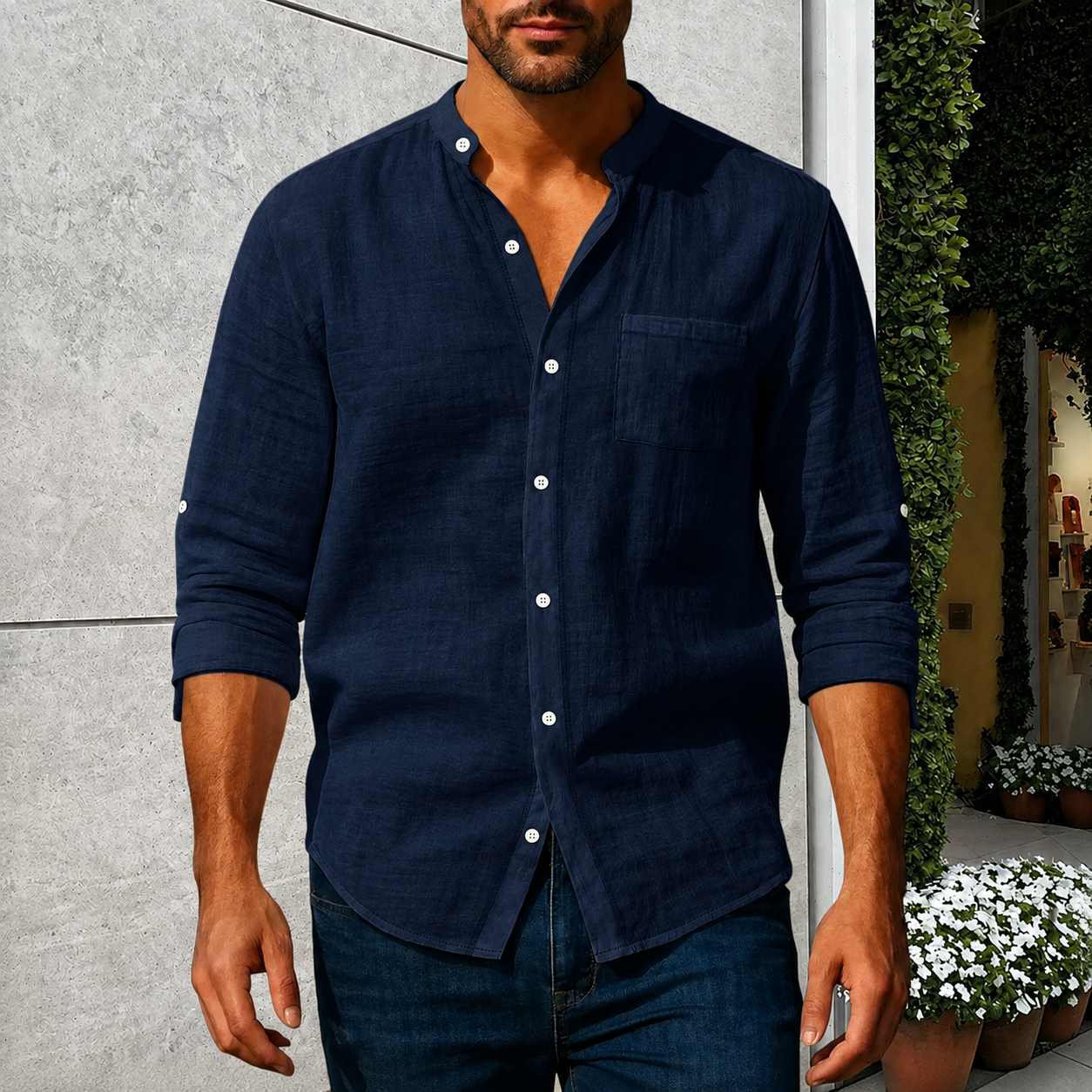 🔥 LAST DAY SALE – Men's Linen Long Sleeve Stand Collar Shirt