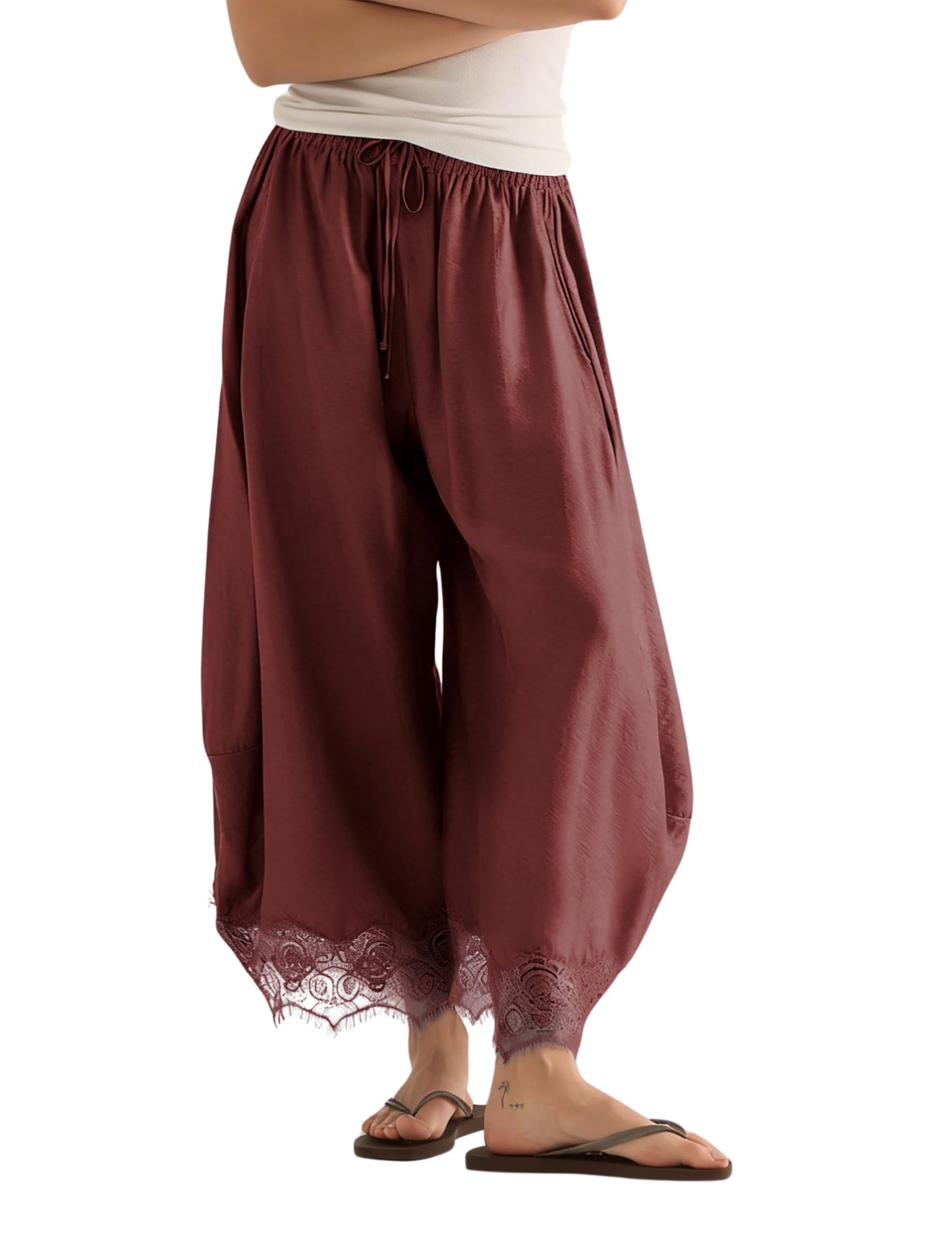 Women’s Lace-Trim Wide-Leg Pants – Lightweight Casual Trousers with Elastic Drawstring Waist