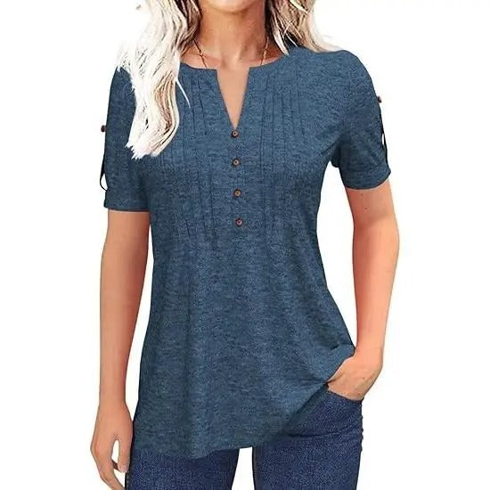 Women’s V Neck T Shirt – Casual Pleated Button Top, Loose Fit Shor