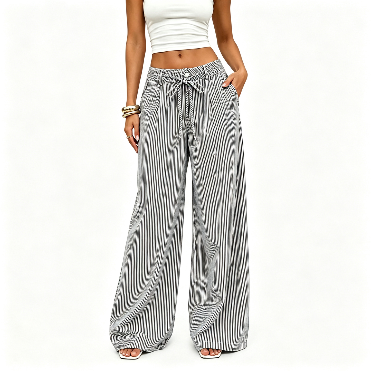⚡FINAL SALE⚡- Women's Striped With Pockets Black Baggy Low Rise Wide Leg Pants