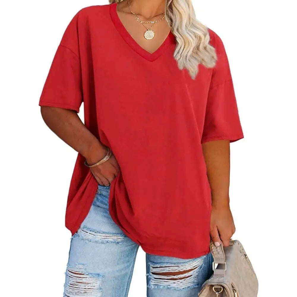Women's Plus Size V Neck T Shirts Summer Half Sleeve Tees Casual Loose Fit Cotton Tunic Tops.
