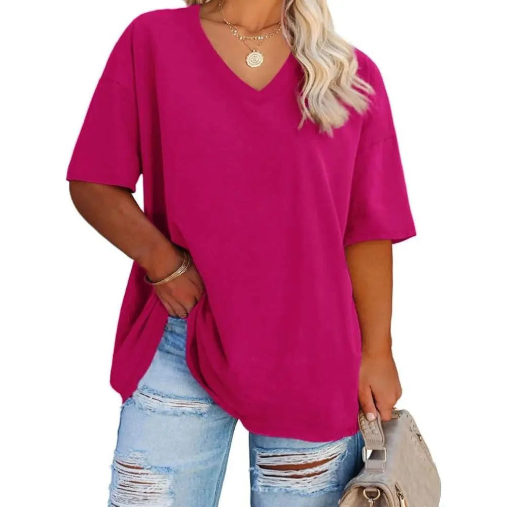 😍Promotion Day🔥Women's Plus Size V Neck T Shirts Loose Fit Cotton Tunic Tops