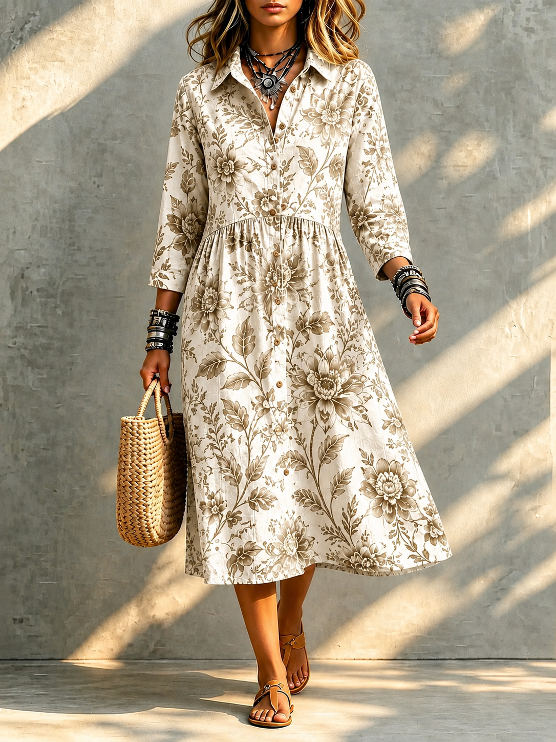 🔥 Santorini Bloom Midi Shirt Dress