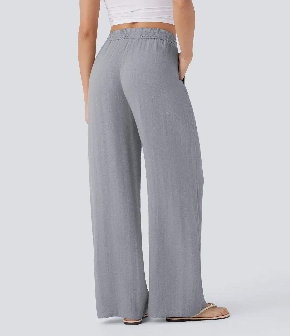 High Waisted Drawstring Pocket Wide Leg Baggy Casual Linen-Feel Pants