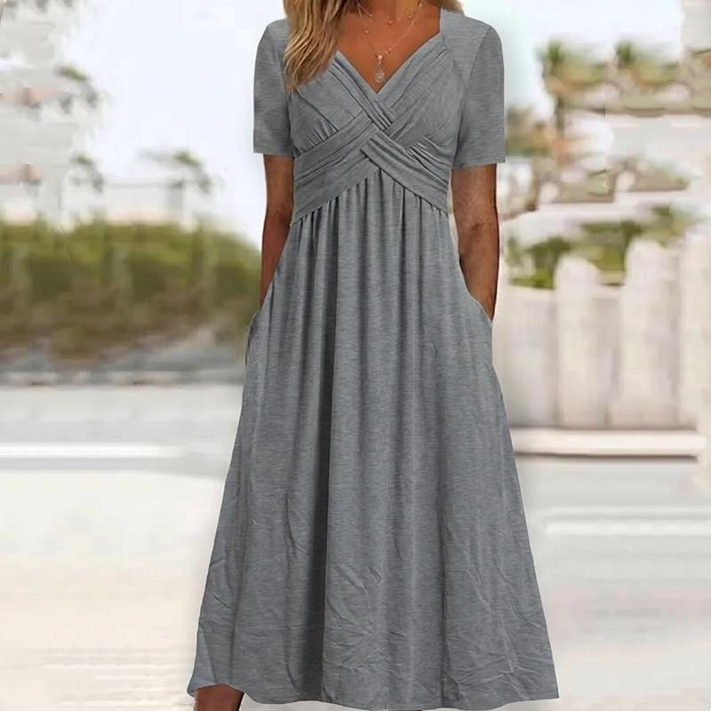🔥Summer Clearance Sale🔥V-Neck Short Sleeve Dress – Flowy Fit, Timeless Charm