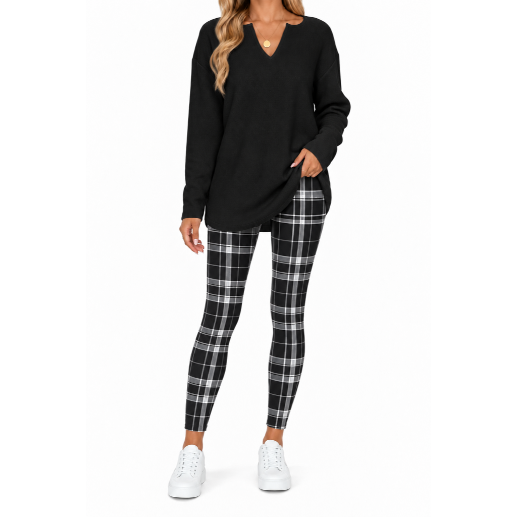 Women's Lounge Set – Long Sleeve Top & Plaid Leggings