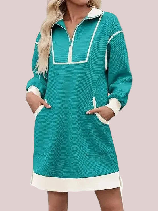 Women's Half Zip Contrast Trim Pocket Dress