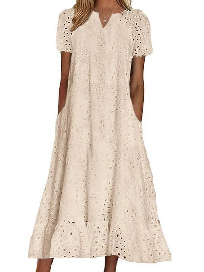 Women's Summer Ruffle Hem Floral Lace Dress - Midi & Casual