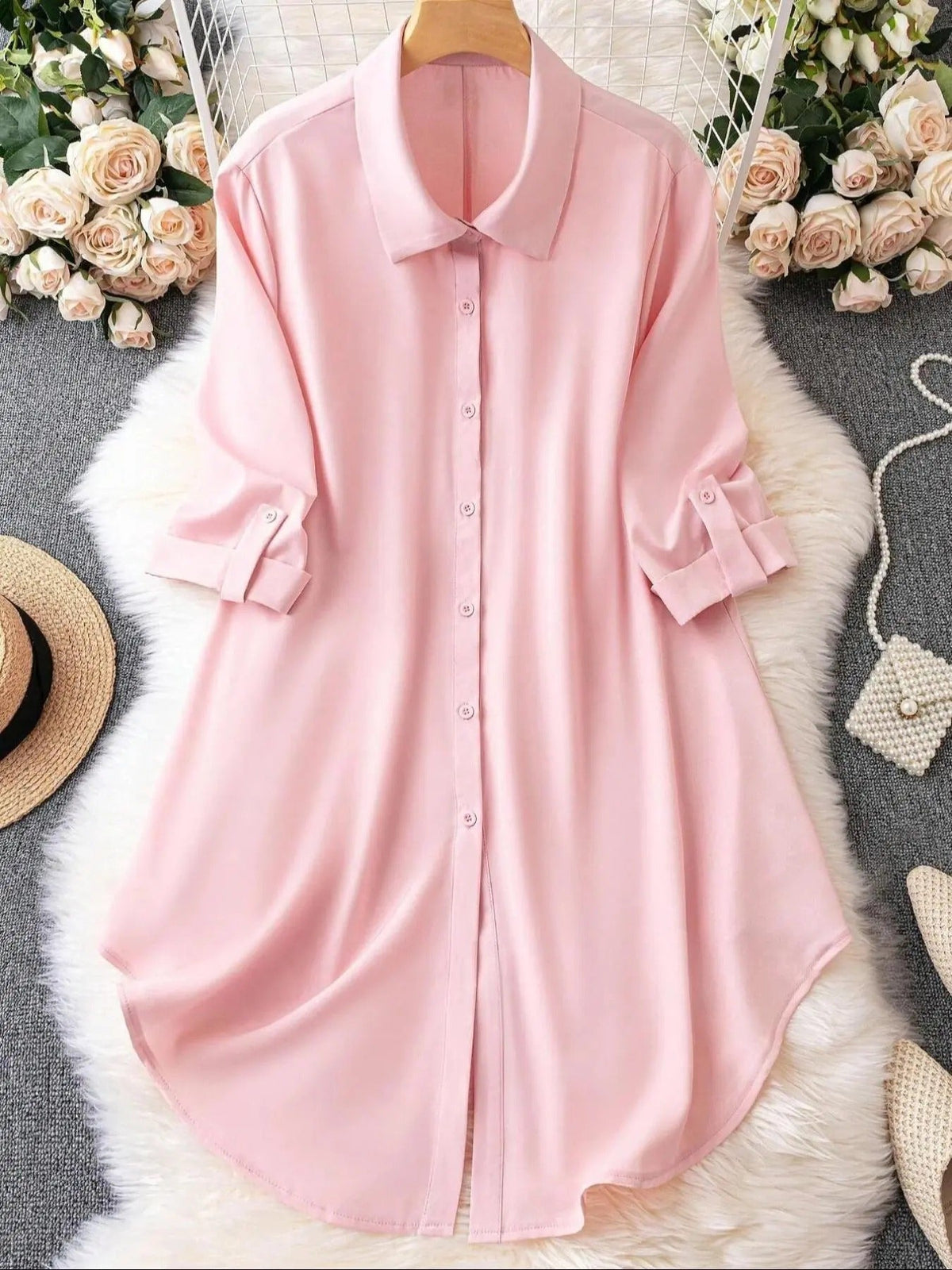 🔥Plus-Size Solid Long Sleeve Button Up Blouse for Spring & Fall