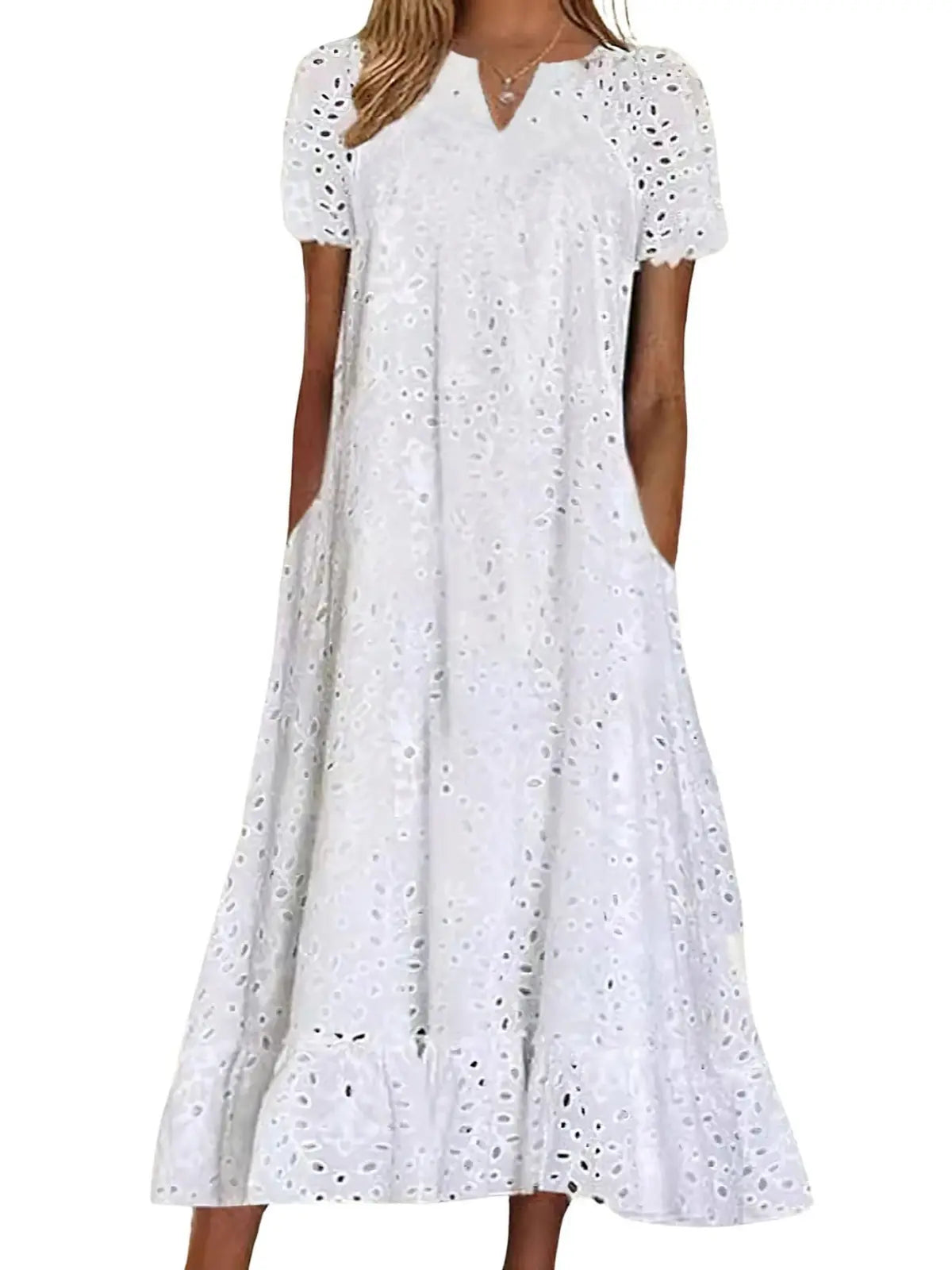 Women's Summer Ruffle Hem Floral Lace Dress - Midi & Casual