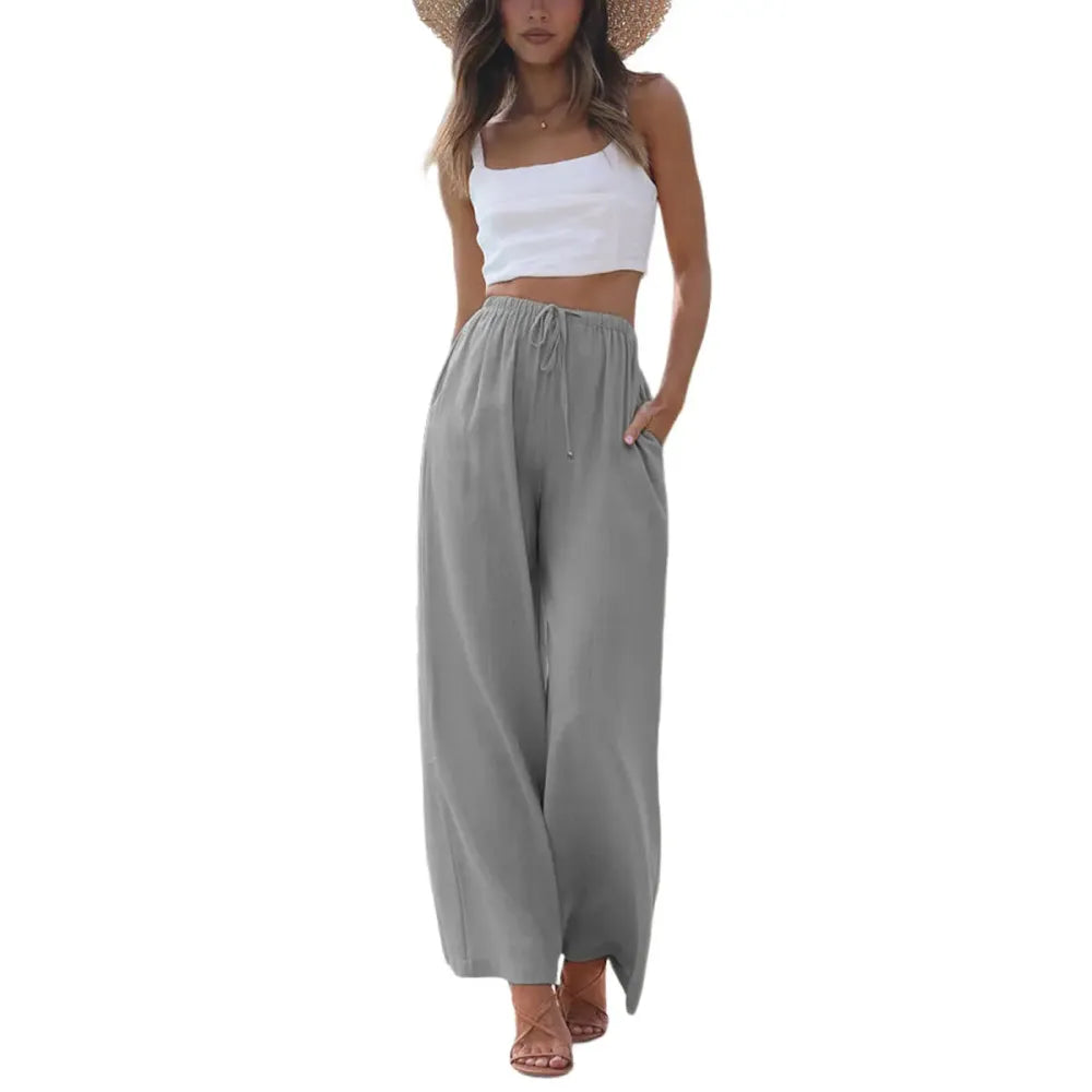 Women's Boho Cotton Linen Wide Leg Pants | High Waist Flowy Beach Palazzo Trousers（1）