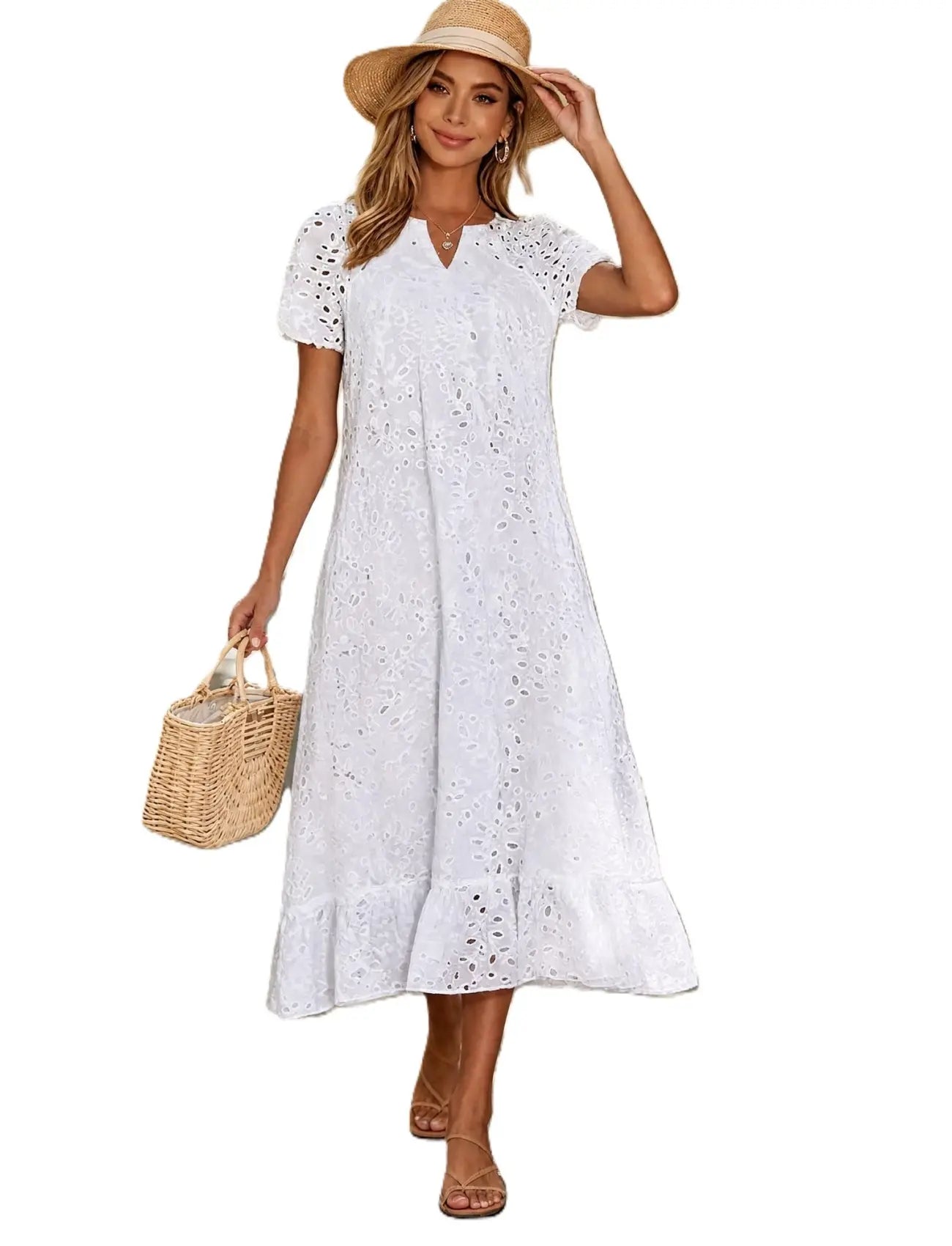 Women's Summer Ruffle Hem Floral Lace Dress - Midi & Casual