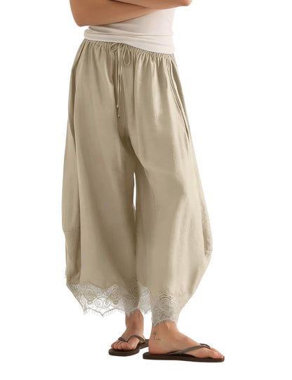 Women’s Lace-Trim Wide-Leg Pants – Lightweight Casual Trousers with Elastic Drawstring Waist