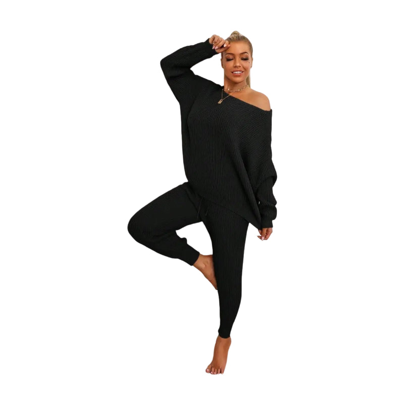 Women's Solid Drop Shoulder Sweater & Drawstring Waist Pants Two Piece Set