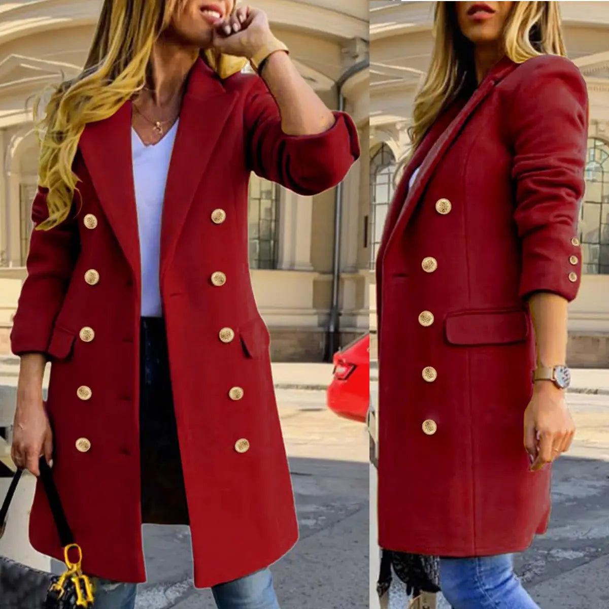 Women's Classic Wool-Blend Double-Breasted Midi Coat