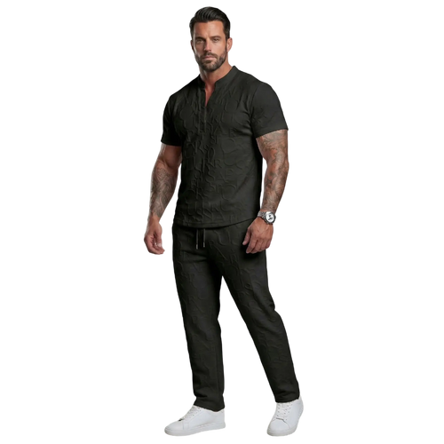 Men's Casual Textured Notched Neck Tee & Regular-Fit Drawstring Trousers