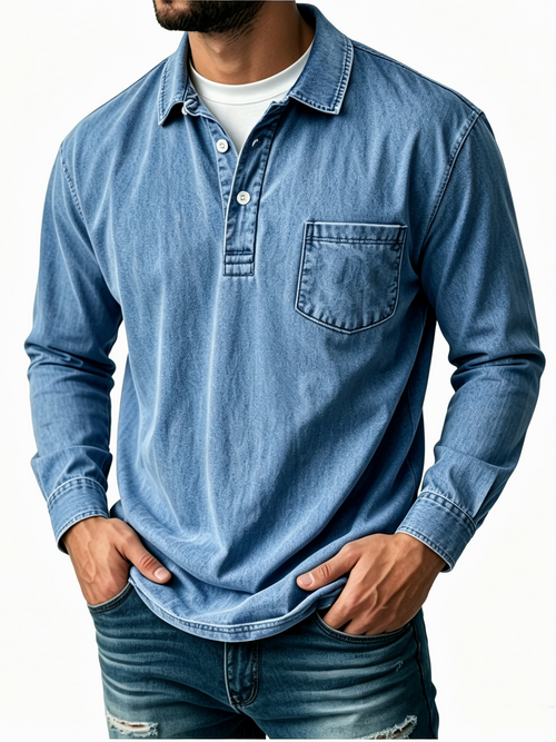 Men's Casual Washed Cotton-Linen Polo Shirt