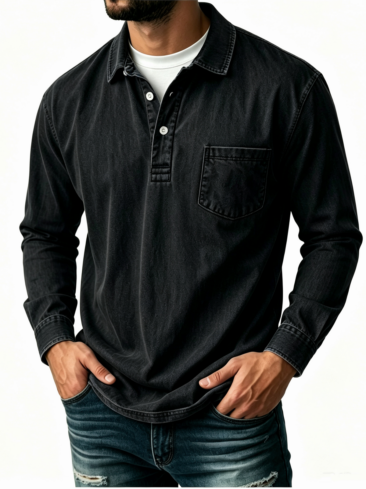 Men's Casual Washed Cotton-Linen Polo Shirt