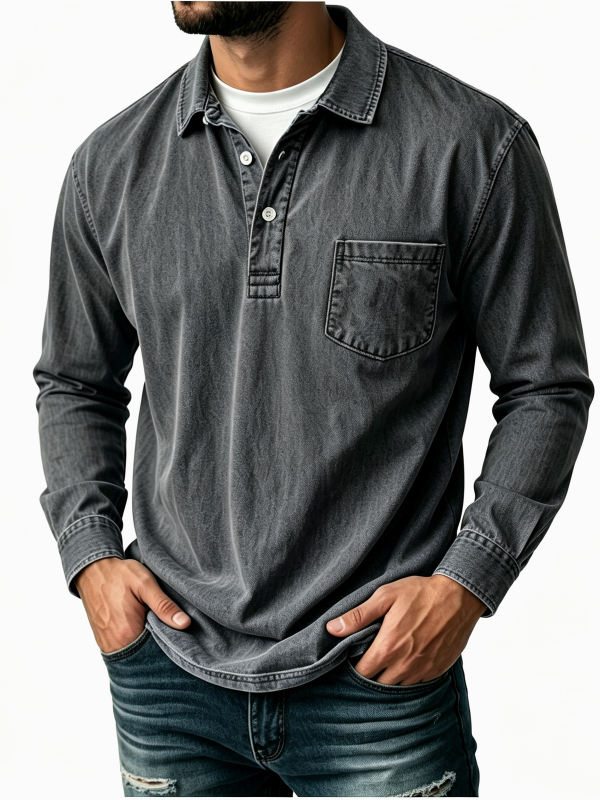 Men's Casual Washed Cotton-Linen Polo Shirt