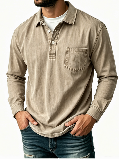 Men's Casual Washed Cotton-Linen Polo Shirt