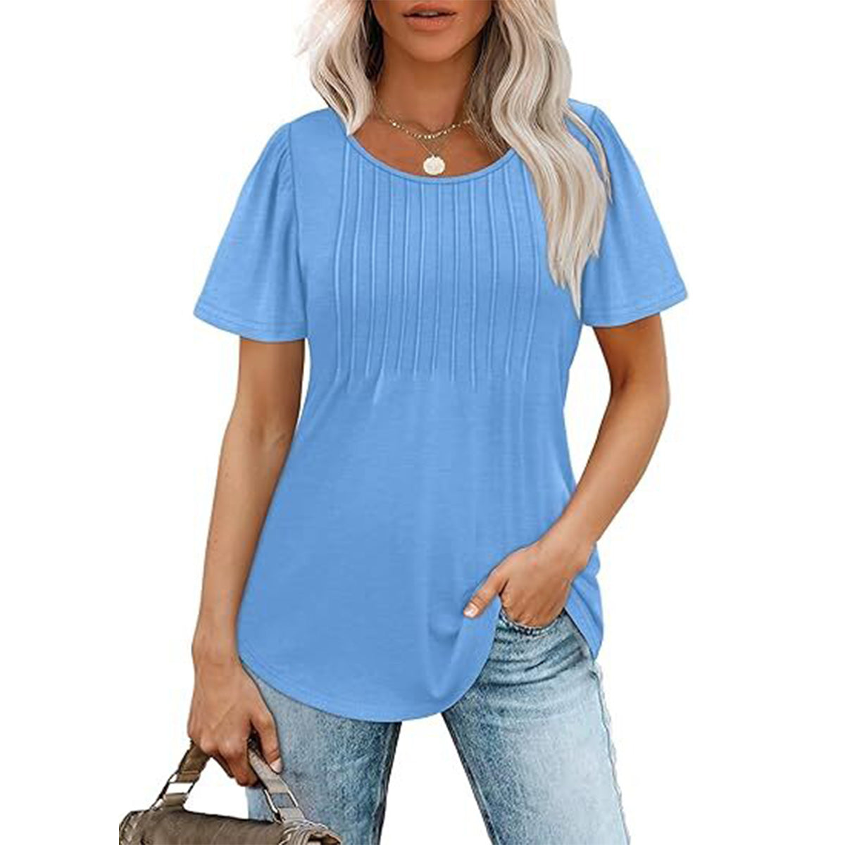 Womens T Shirts Short Sleeve Pleated Dressy Casual Scooped Neck Summer Tops Blouses