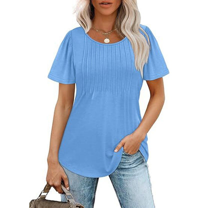 Womens T Shirts Short Sleeve Pleated Dressy Casual Scooped Neck Summer Tops Blouses