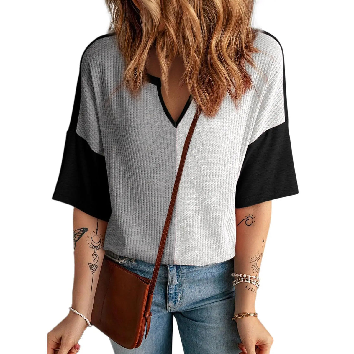 ⏰Last day promotion: Women’s Waffle Knit Summer Tops – Soft Short Sleeve V-Neck Colorblock Casual Shirt
