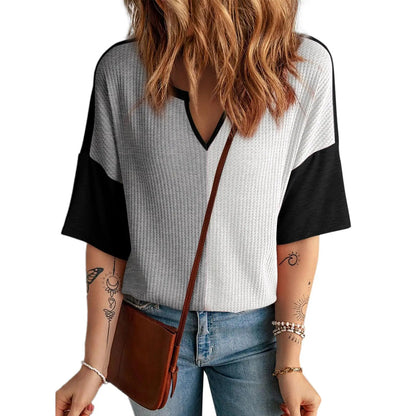 ⏰Last day promotion: Women’s Waffle Knit Summer Tops – Soft Short Sleeve V-Neck Colorblock Casual Shirt