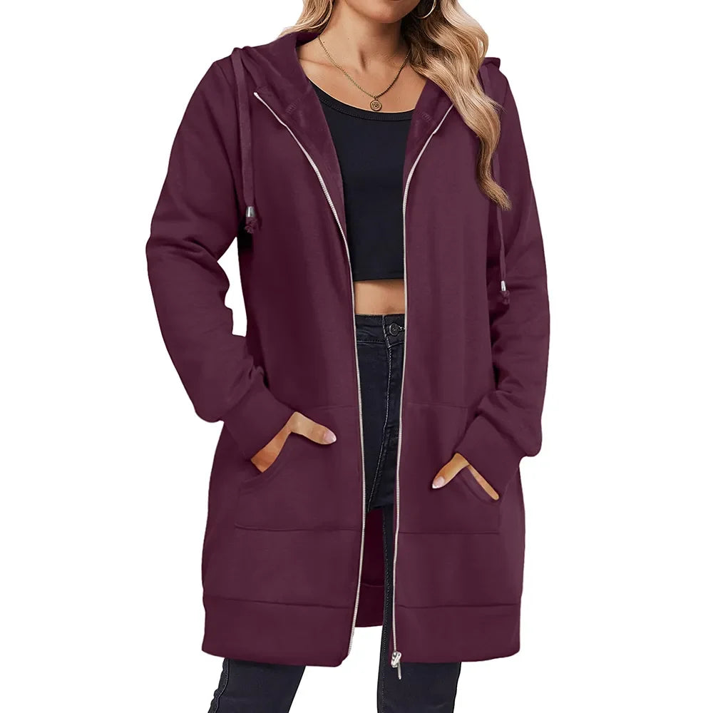 Women Zip Up Fleece Tunic Sweatshirt Long Hoodie
