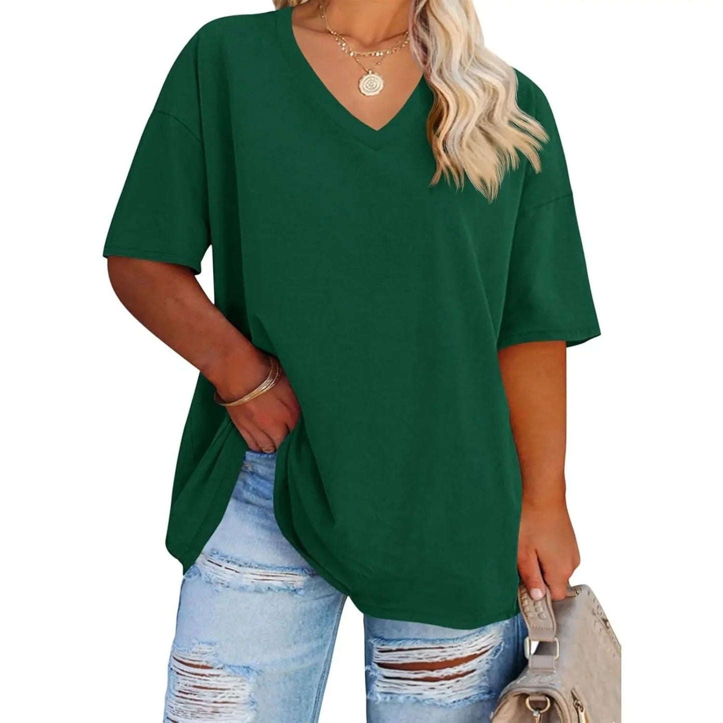 Women's Plus Size V Neck T Shirts Summer Half Sleeve Tees Casual Loose Fit Cotton Tunic Tops.
