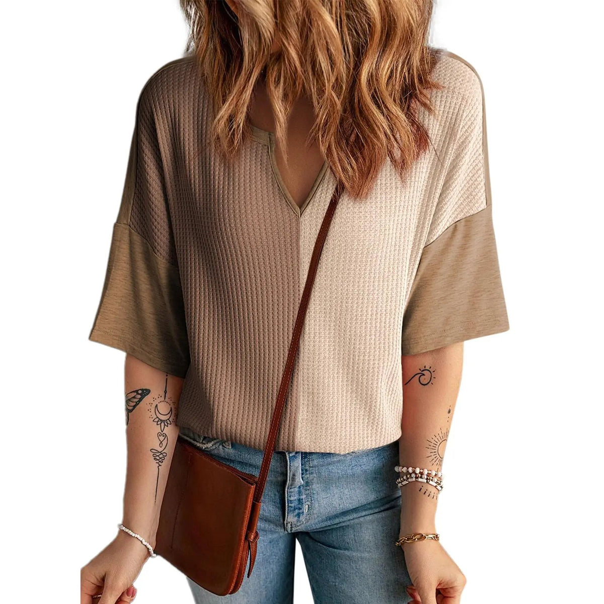 ⏰Last day promotion: Women’s Waffle Knit Summer Tops – Soft Short Sleeve V-Neck Colorblock Casual Shirt