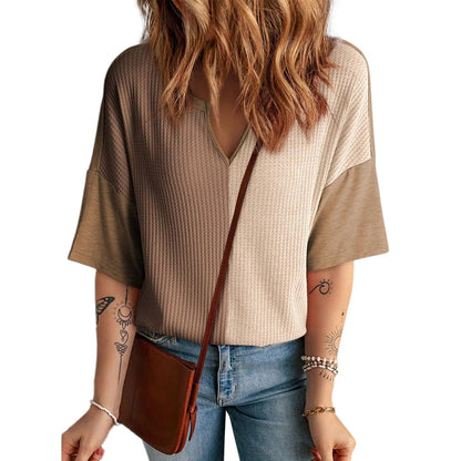⏰Last day promotion: Women’s Waffle Knit Summer Tops – Soft Short Sleeve V-Neck Colorblock Casual Shirt
