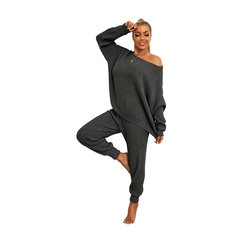 Women's Solid Drop Shoulder Sweater & Drawstring Waist Pants Two Piece Set