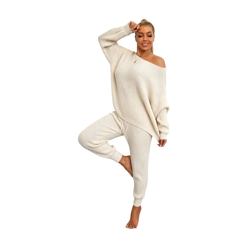 Women's Solid Drop Shoulder Sweater & Drawstring Waist Pants Two Piece Set