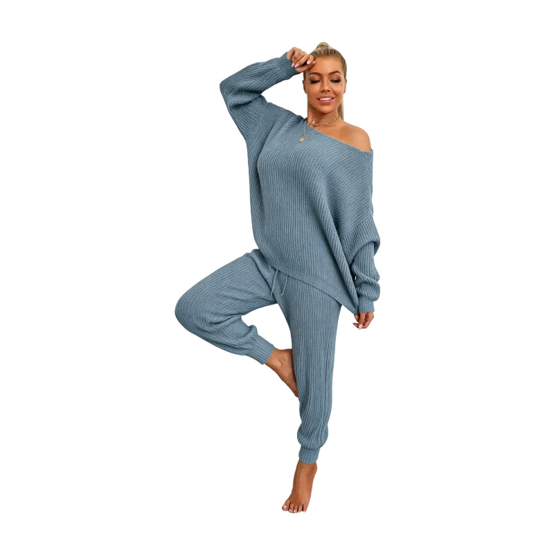 Women's Solid Drop Shoulder Sweater & Drawstring Waist Pants Two Piece Set