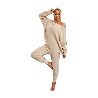 Women's Solid Drop Shoulder Sweater & Drawstring Waist Pants Two Piece Set