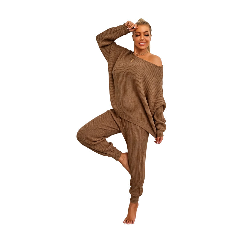 Women's Solid Drop Shoulder Sweater & Drawstring Waist Pants Two Piece Set
