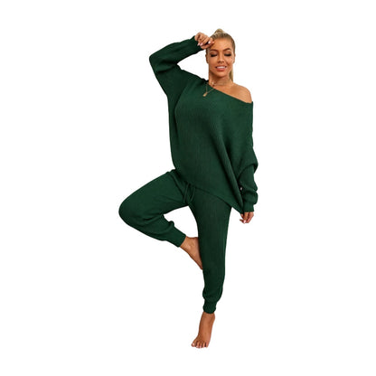 Women's Solid Drop Shoulder Sweater & Drawstring Waist Pants Two Piece Set