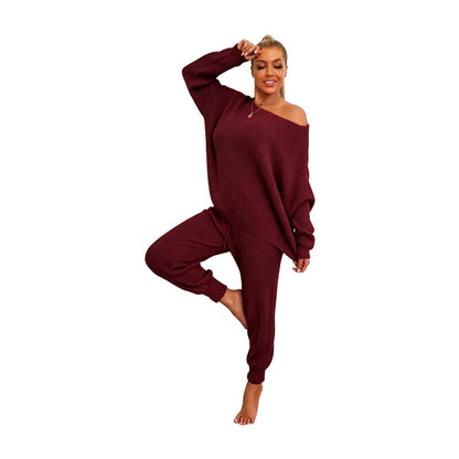Women's Solid Drop Shoulder Sweater & Drawstring Waist Pants Two Piece Set