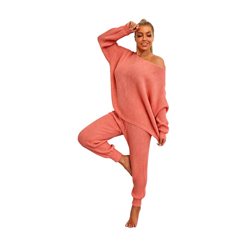 Women's Solid Drop Shoulder Sweater & Drawstring Waist Pants Two Piece Set