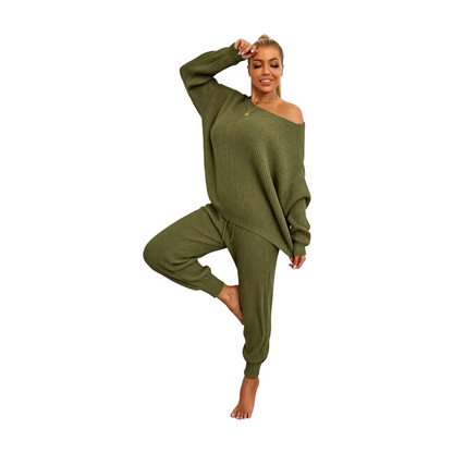 Women's Solid Drop Shoulder Sweater & Drawstring Waist Pants Two Piece Set