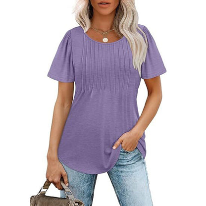 Womens T Shirts Short Sleeve Pleated Dressy Casual Scooped Neck Summer Tops Blouses