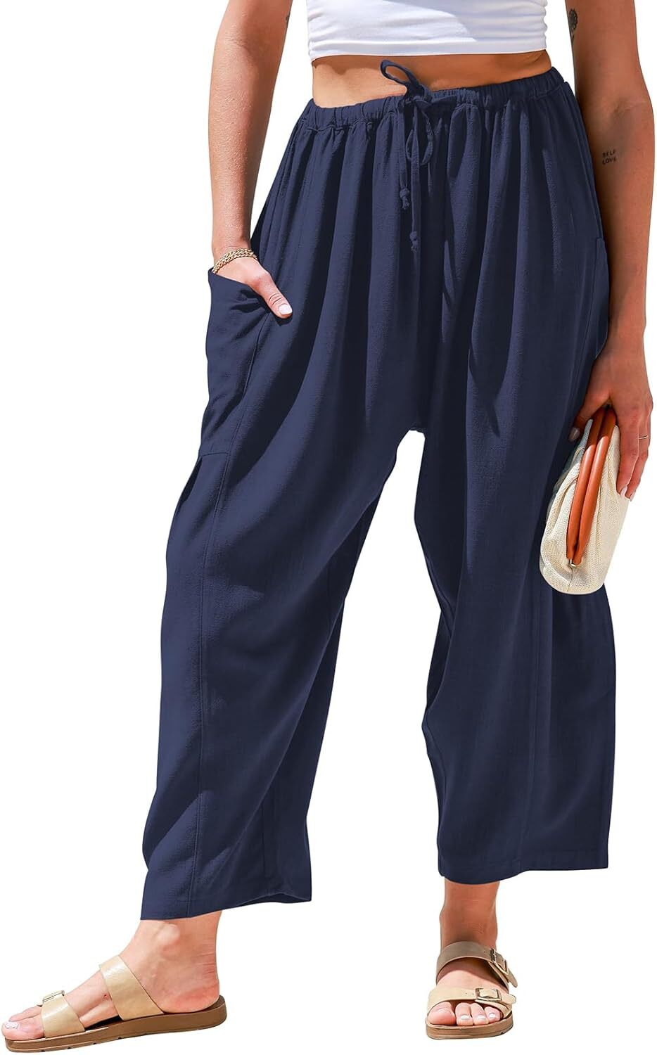 Womens Linen Wide Leg Pants Casual Loose Drawstring Low Waist Beach Palazzo Harem Pants with Pockets.