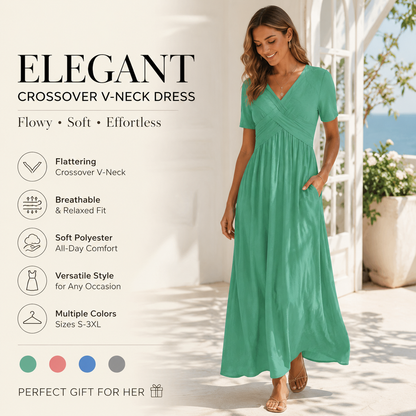 🔥Summer Clearance Sale🔥V-Neck Short Sleeve Dress – Flowy Fit, Timeless Charm