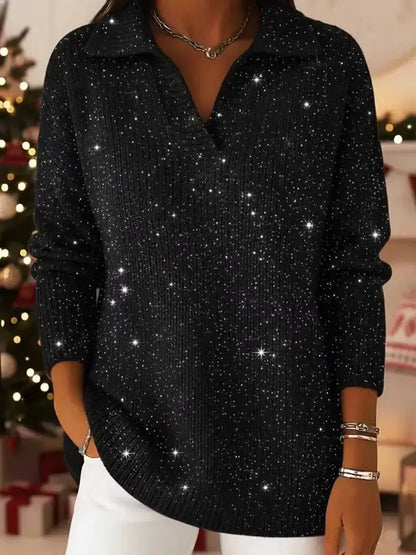 🎄 New Arrivals🔥 Christmas Party Polo Collar Shiny Loose Sweater Top