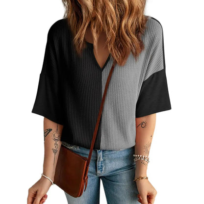 ⏰Last day promotion: Women’s Waffle Knit Summer Tops – Soft Short Sleeve V-Neck Colorblock Casual Shirt