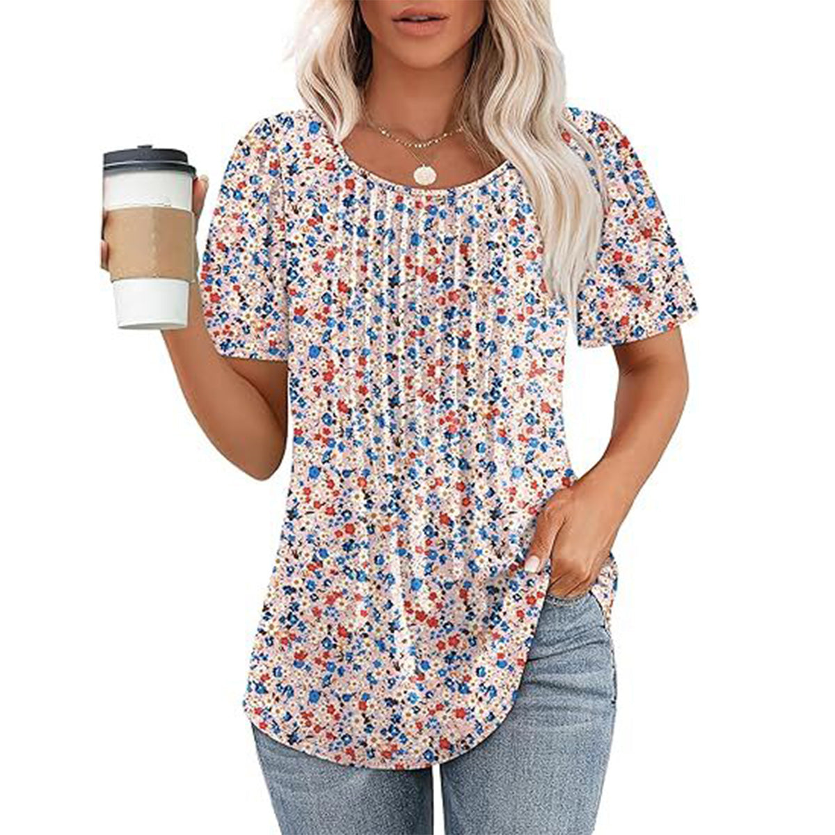 Womens T Shirts Short Sleeve Pleated Dressy Casual Scooped Neck Summer Tops Blouses